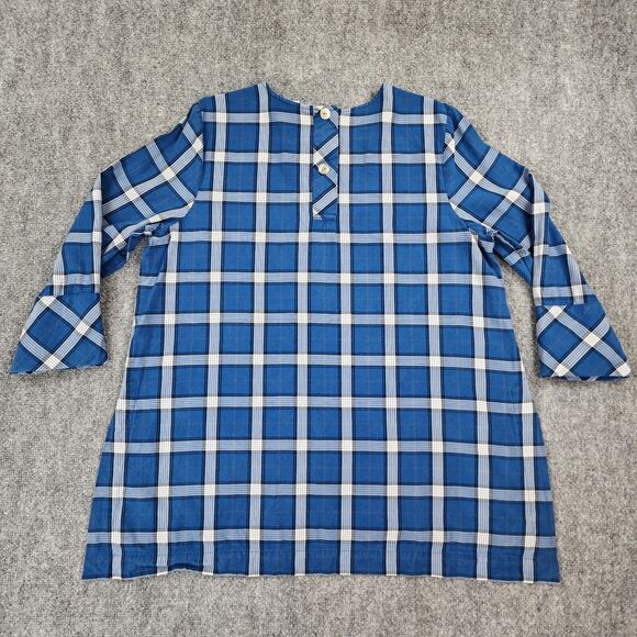 J Jill Top Women Large Blue Plaid 3/4 Sleeve Tunic Slit Back Button Shirt Blouse - Picture 3 of 14
